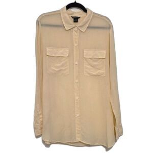 Moda International 100% Silk Button Front Blouse L Cream Long Sleeve Career Top